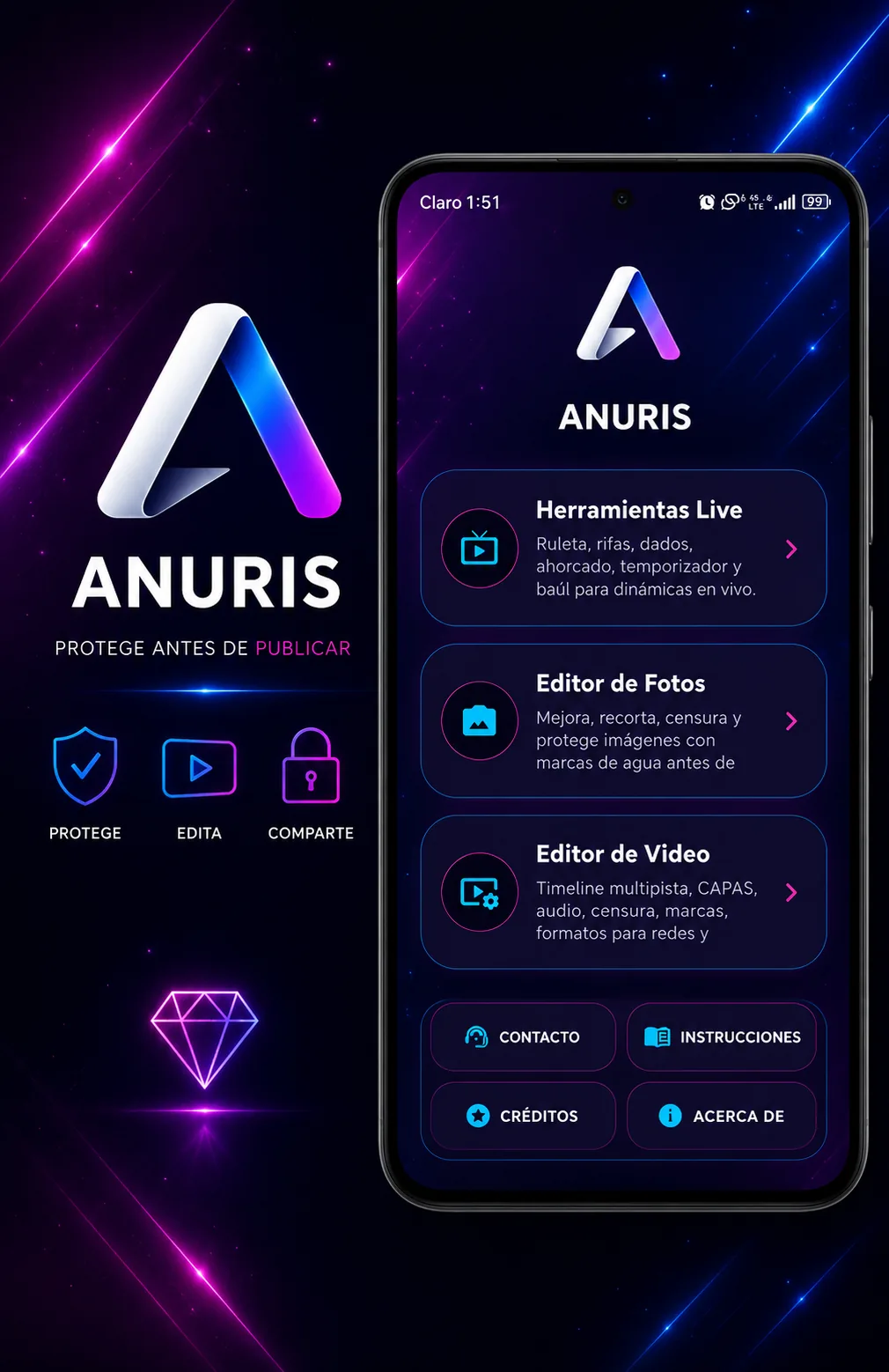 Menú principal de ANURIS para Android