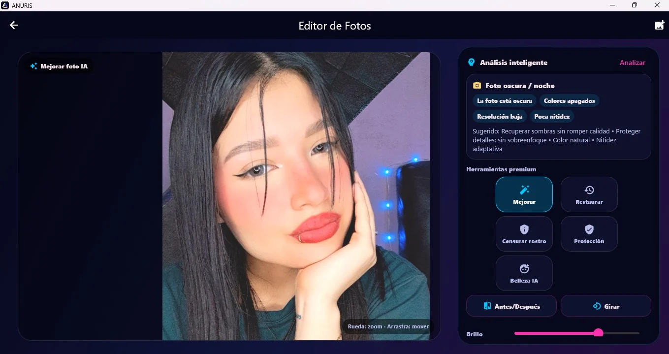 Editor de fotos de ANURIS para Windows con herramientas de censura facial y mejora de imagen