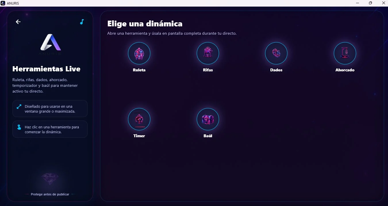 Herramientas Live de ANURIS para Windows con ruleta, rifas, dados, timer, ahorcado y baúl misterioso