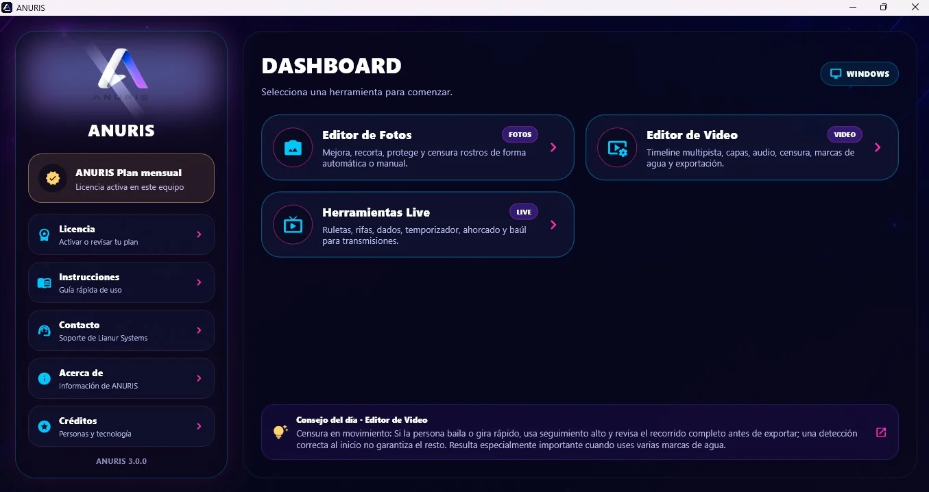 Dashboard de ANURIS para Windows con editor de fotos, editor de video y herramientas Live