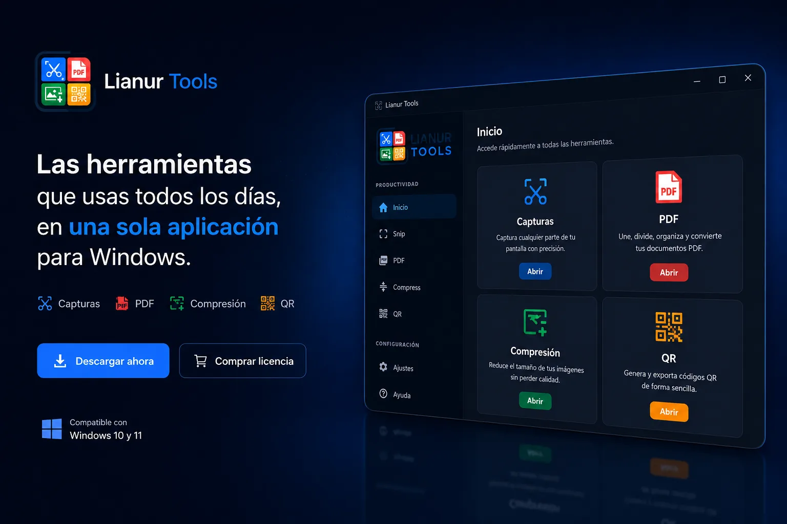 Lianur Tools para Windows con generador QR, herramientas PDF, compresión de imágenes y capturas de pantalla