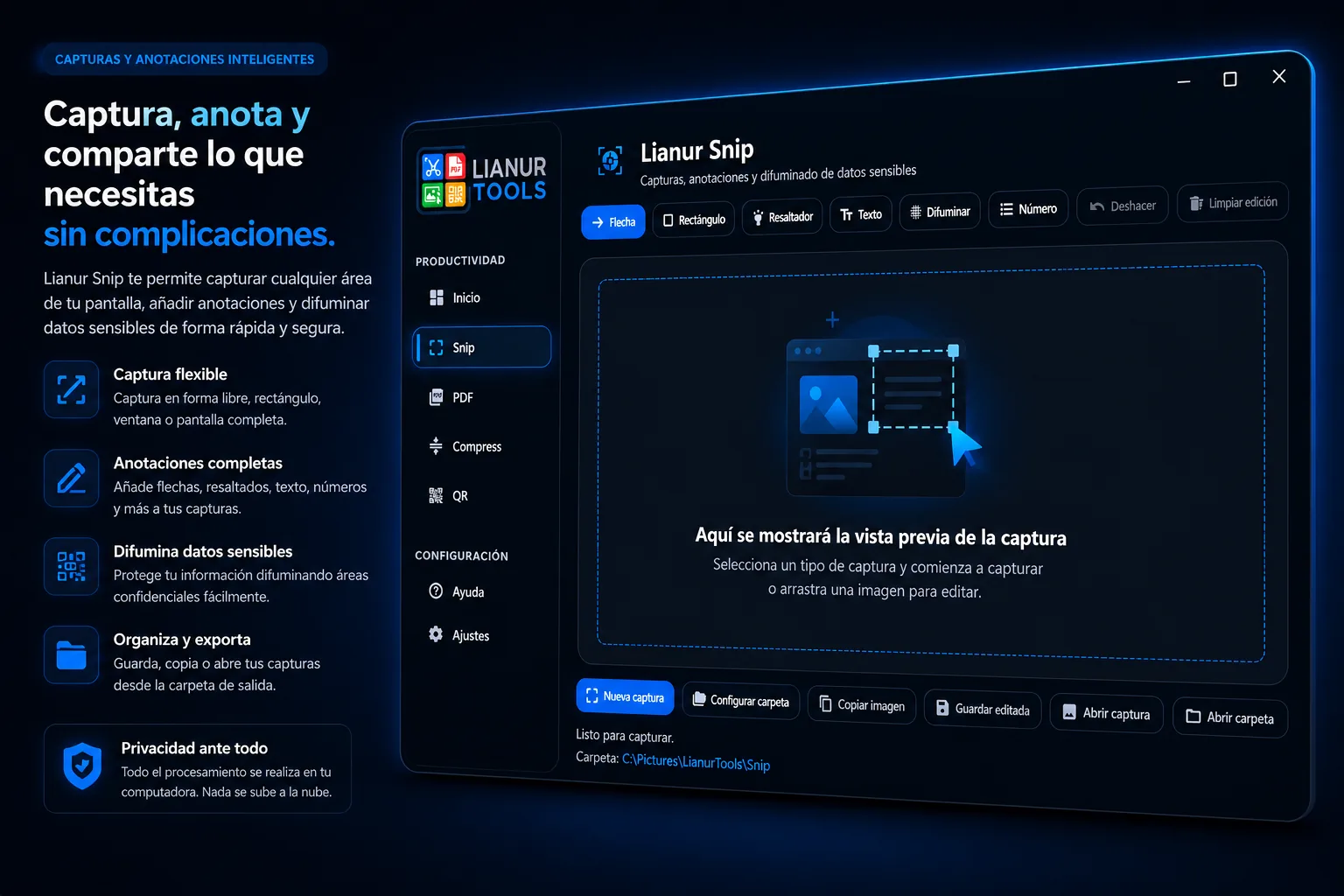 Herramienta de capturas de Lianur Tools para Windows con anotaciones y difuminado